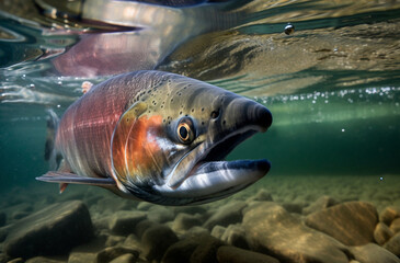 Wall Mural - pink salmon underwater close-up generated by ai