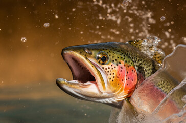Wall Mural - rainbow trout jumping, close-up generated by ai