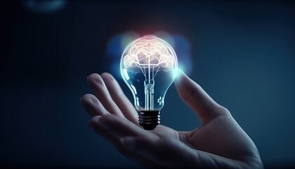 Creative, new ideas and innovation, Hand holding light bulb and smart brain inside and innovation icon network connection on dark blue city background, innovative technology in science and industrial