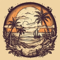 Sticker - illustration of Tropical landscape with palm trees, ocean and mountain. Cartoon flat panoramic landscape, sunset with the palms art retro style illustration. Generative Ai.