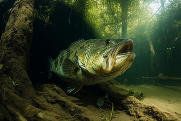 Wall Mural - largemouth bass underwater close-up generated by ai