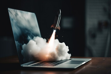 space shuttle launches from laptop screen to the moon. concept of successful startup, created with g