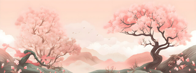 Wall Mural - Pink blooming sakura tree brunches Japandi style