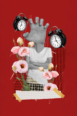 Poster - Creative retro 3d magazine collage image of stressed depressed lady arm instead head waking up early isolated painting background