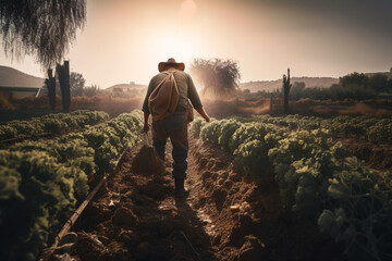 Wall Mural - farmer man on field in nature farm or food agriculture industry management in sunshine countryside generative AI