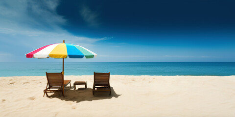 beautiful beach banner. white sand, chairs and umbrella travel tourism wide panorama background conc