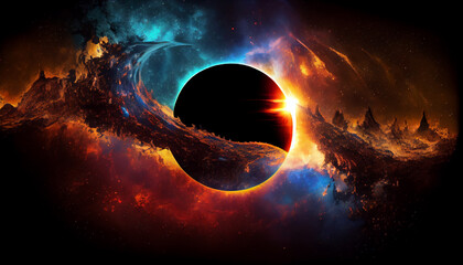 Wall Mural - Eclipse in the galaxy, black hole, space, neo light Ai generated image