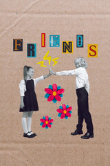 Canvas Print - Vertical creative template collage illustration photo of friends girl and boy gives highfive at school isolated on painting background