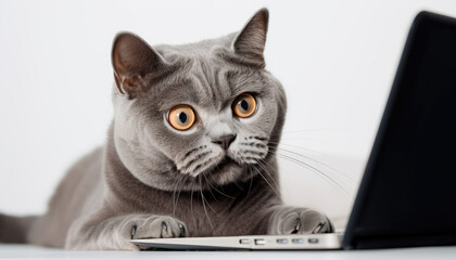 Cat using laptop. Isolated on white. Generative AI