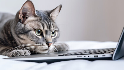 Cat using laptop. Isolated on white. Generative AI