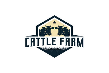 Two heads of cows vector silhouette for cattle farm logo design, vintage animal farm logo