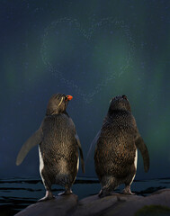 Wall Mural - couple of rockhopper penguins watching aurora australis and heart shaped stars in the sky