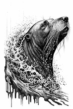 Sea Lion Portrait Ink Drawing In Splash Of Inked Black And White Animal Intricate Details Artwork Generative Ai