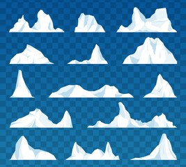 set of isolated iceberg or drifting arctic glacier. floating iceberg set. frozen mountain and icy, f