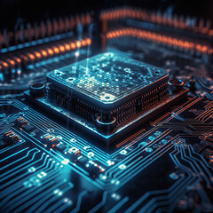 Computer hardware, CPU and circuit board with technology abstract, microchip and motherboard closeup. Cyber tech, cloud computing and processor, AI and digital drive with pc system and electronics