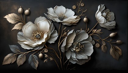 Generative AI, Close up of blooming flowerbeds of amazing white and golden flowers on dark moody floral textured background. Photorealistic effect.