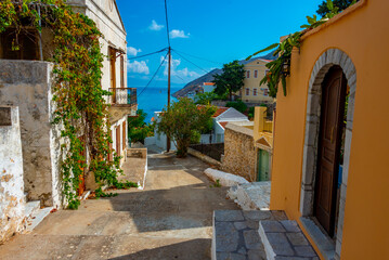 Wall Mural - Colorful streets of a town at Greek island Symi