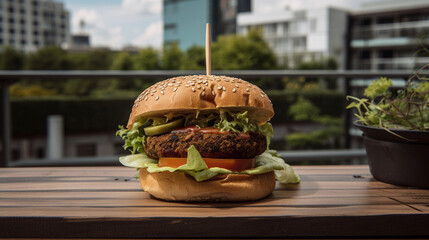 Sticker - Vegan burger in a rooftop garden  Generative AI