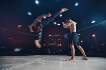 Wall Mural - MMA Boxers fighters in fights without rules in ring cargo octagon hit kick, dark background spot light