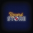 © bohlam - Neon Sign record store with brick wall background vector