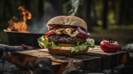 Sticker - Rustic burger on an outdoor barbecue Generative AI