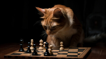 Wall Mural - scared cat playing chess generative ai