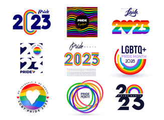 Set of greeting logo for LGBTQIA Pride 2023 Month. Social media post with groovy queer slogans and phrase. Template LGBT rainbow flag colors, love word in heart shape and Gay Pride Loading bar. Vector
