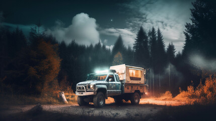 Wall Mural - Background camping truck Wallpaper double exposure Generative AI