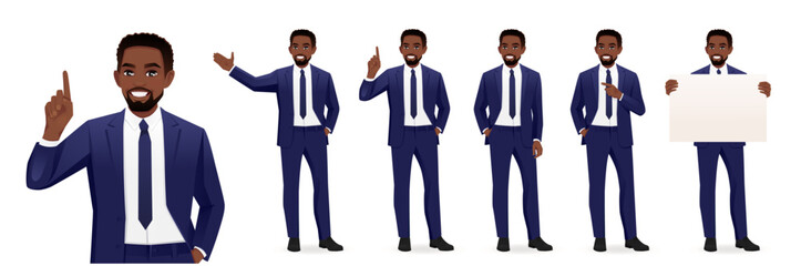 Wall Mural - Handsome business African man in suit different gestures set isolated vector illustration