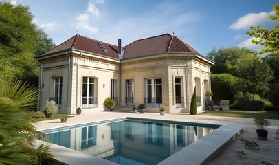Poster - Luxury traditional French mansion with pool and garden, generative ai