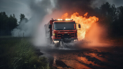 Canvas Print - A fire truck rushing to put out a fire Generative AI