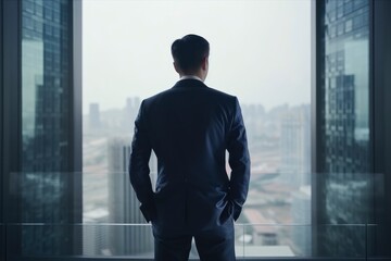 A businessman looks out the office window from a back view made with Generative AI