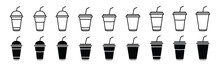 Coffee Cup Icons Vector Set In Line And Flat Style. Disposable Coffee Cup With Straw. Coffee Paper Cup, Plastic Container For Hot And Cold Drink, Juice, Tea, Cocoa And Other. Vector Illustration