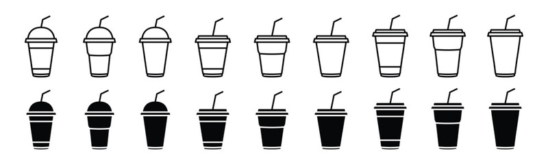 Coffee cup icons vector set in line and flat style. Disposable coffee cup with straw. Coffee paper cup, plastic container for hot and cold drink, juice, tea, cocoa and other. Vector illustration