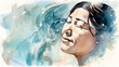 Natural beauty happy and smiling middle aged Kazakh woman smiling with eyes shut, with splashes of water, enjoying refreshing water feeeling, watercolor illustration (Generative AI) Skin and haircare 