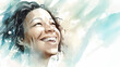 Natural beauty happy and smiling middle aged African American woman surrounded with splashes of water and enjoying this refreshing feeeling, watercolor illustration (Generative AI). Skin and haircare 