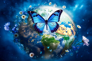 A blue butterfly standing on planet Earth, surrounded by flowers. Peace, tranquility, serenity and nature recovering concept.Created with Generative AI technology.
