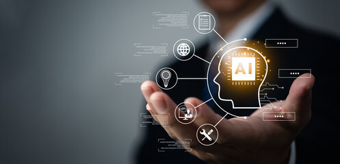 Wall Mural - AI Artificial Intelligence and conversational chatbots businesses digital technology interact with applications, including customer service, sales and marketing and big data virtual screen.