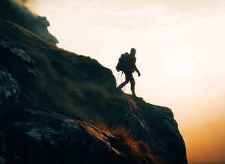 Canvas Print - Climbing on the High Rock at Foggy Sunset in the Mountains