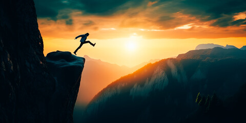 Wall Mural - Man jumping over precipice between two rocky mountains at sunset.  