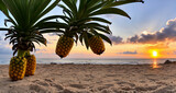 Fototapeta Na ścianę - Four pineapples in the middle of the picture. In the background, there is a beach and the sea.Generative AI
