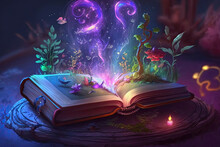 Open Magical Book With Glowing Lights Over Pages On Abstract Background. Fantasy Reading. Created With Generative AI
