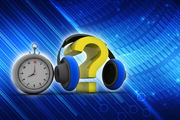 Poster - 3d rendering question mark connected headphone with clock