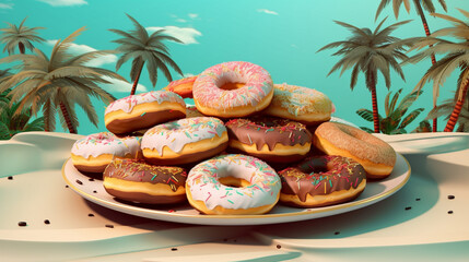 Wall Mural - Plate with Donuts on an Oasis background Generative AI