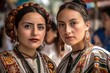 Mexican women wearing traditional costumes. Portrait looking at camera. Generative AI