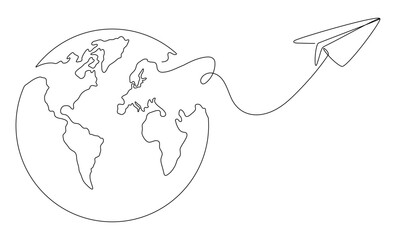 Wall Mural - World map with flying paper airplane one line art. Continuous Earth globe line drawing. Vector illustration isolated on white background.