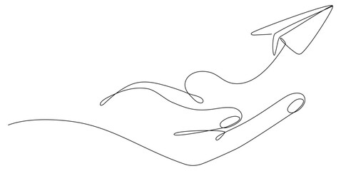 Poster - Continuous line drawing hand holding flying paper airplane. Vector illustration isolated on white.