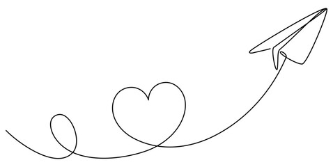 Poster - Paper airplane flight continuous line drawing. Heart linear shape path. Vector illustration isolated on white.