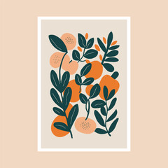 Wall Mural - Floral card with orange and green leaves. Hand drawn vector illustration.