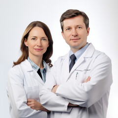 Two medical doctors - one male and one female - confidently smiling and looking directly into the camera - Generative AI